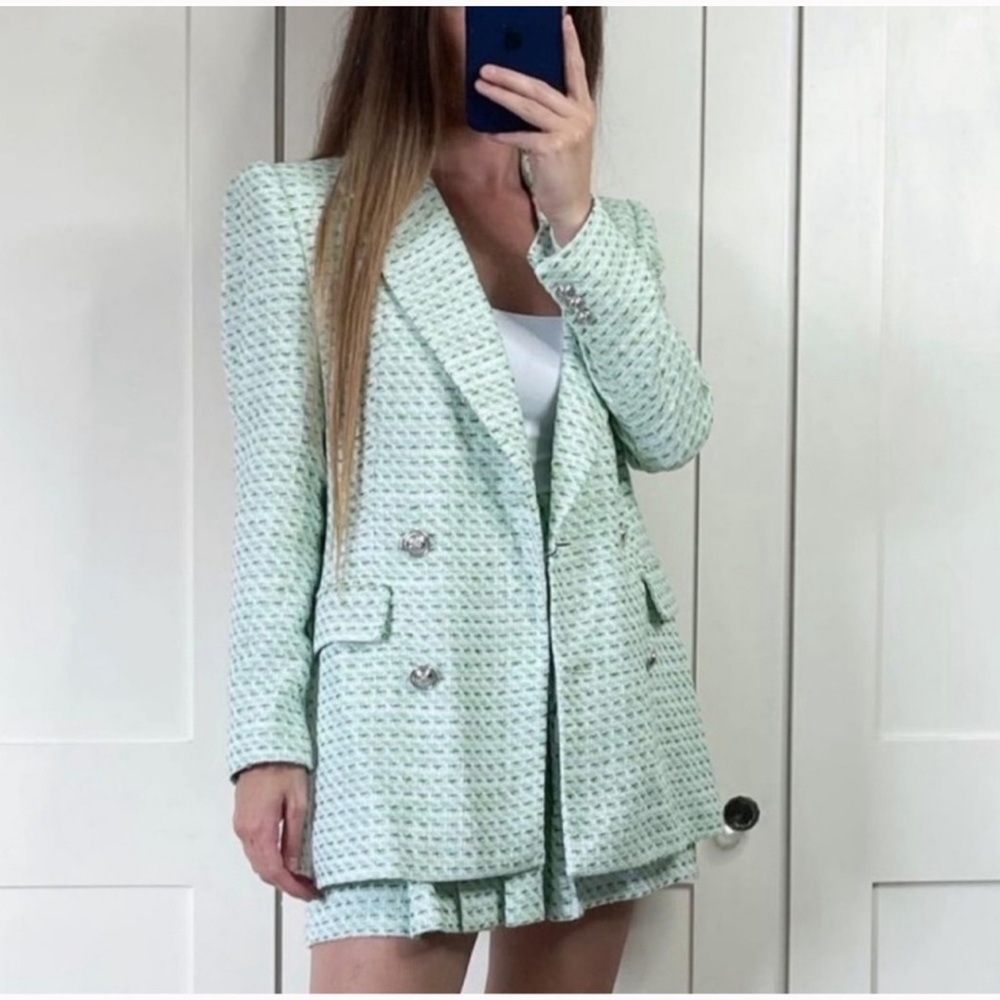 ZARA 2 Piece Tweed Check Blazer+ Skirt - Picture 2 of 12
